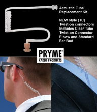 Pryme complete Acoustic Tube replacement kit for NEW style (TC) Twist-on connectors.  Includes Clear Tube, Twist-on Connector, Elbow and Standard Ear Bud.