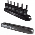 The 6-slot multi-unit charger saves time by copying settings from single radio to fleet of radios. It requires only a single outlet rather than several to preserve space and is compatible with Motorola VL and CLS 2-way radios or cordless phones.