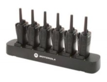 The 6-slot multi-unit charger saves time by copying settings from single radio to fleet of radios. It requires only a single outlet rather than several to preserve space and is compatible with Motorola RDx series 2-way radios (radios not included).